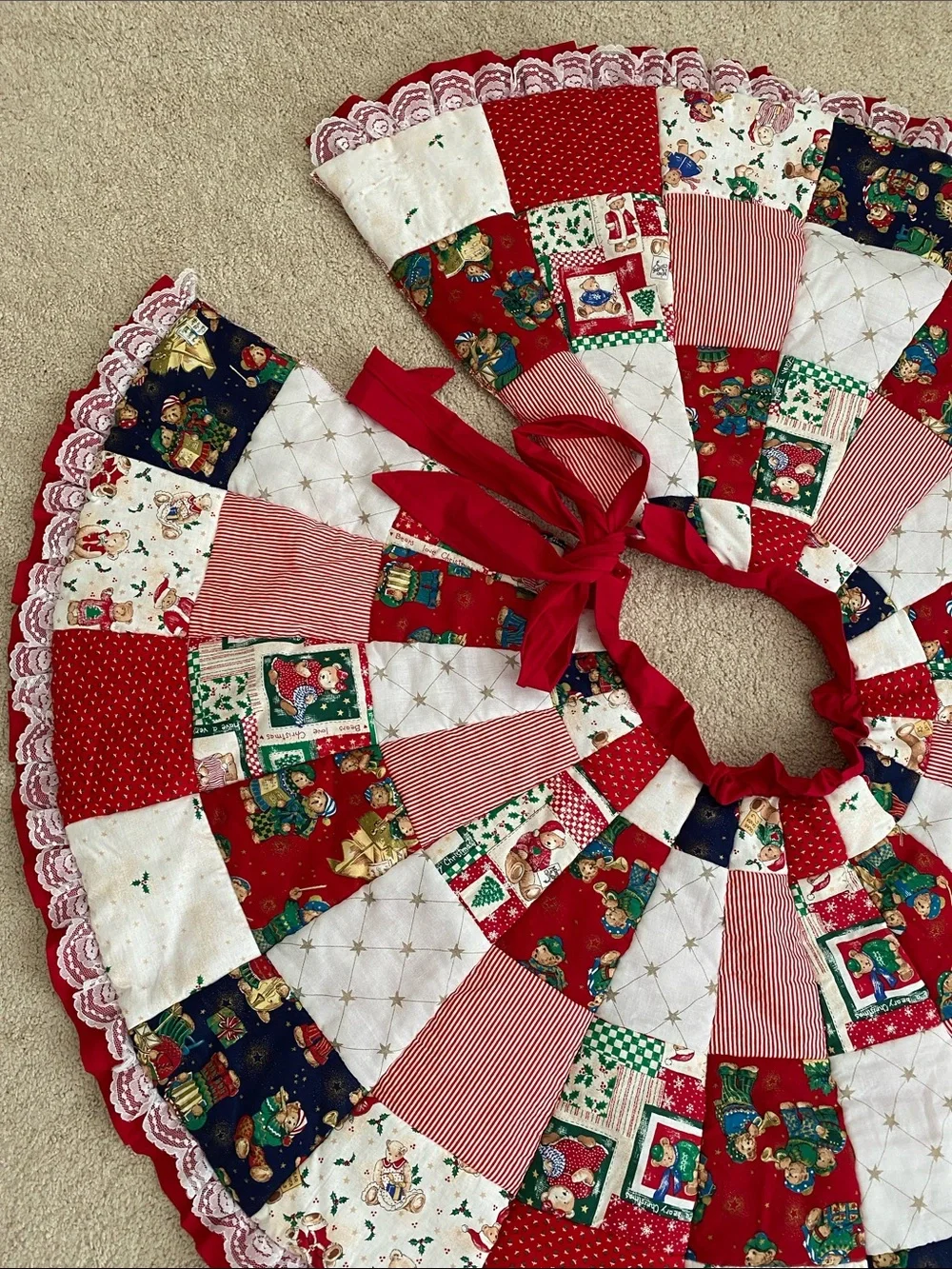 Vintage Handmade Patchwork Christmas Tree Skirt in Red, Green, White